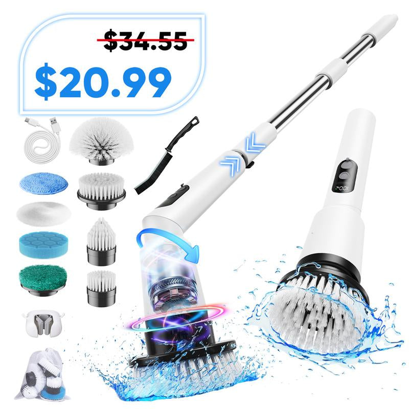 Electric Spin Scrubber, IPX7 Waterproof Cordless Cleaning Brush with 4 Replaceable Brush Heads, Adjustable Extension Handle and 3 Adjustable Speeds for Bathroom, Tub, Tile, Floor (White)