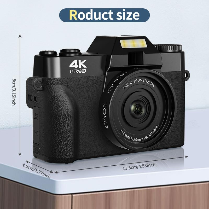 4K Digital Cameras for Photography, 56MP Affordable Vlogging Camera with Wifi, 3-Inch 180-Degree Flip Screen, 16X Digital Zoom Students Compact Camera with 52Mm Wide-Angle Lens & Macro Lens, 32G Micro SD Card, Perfect Gifts for Christmas