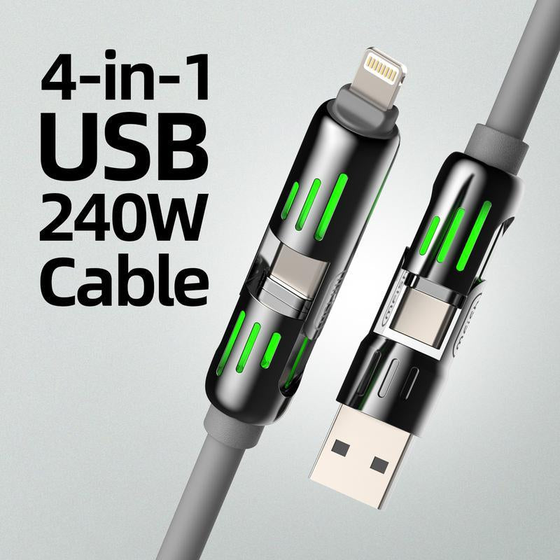4-In-1 Multi USB Charging Cable with USB A,Type C, Lightning -MAX 240W Fast Charging & Data Sync for Iphone 16/15, Ipad Pro, Samsung & Laptops Smartphone Cellphone