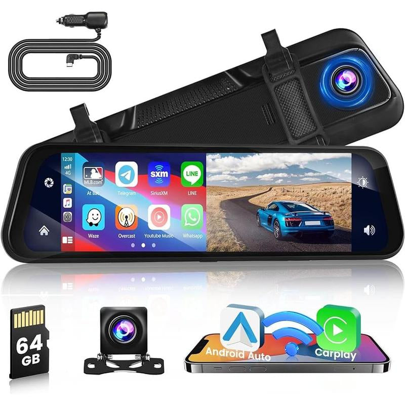 CAMECHO Wireless Carplay Mirror Dash Cam Wireless Android Auto, 9.66 Inch IPS Touchscreen Front Rear View Mirror Camera Carplay for Cars Trucks with 64G Card/Voice Control