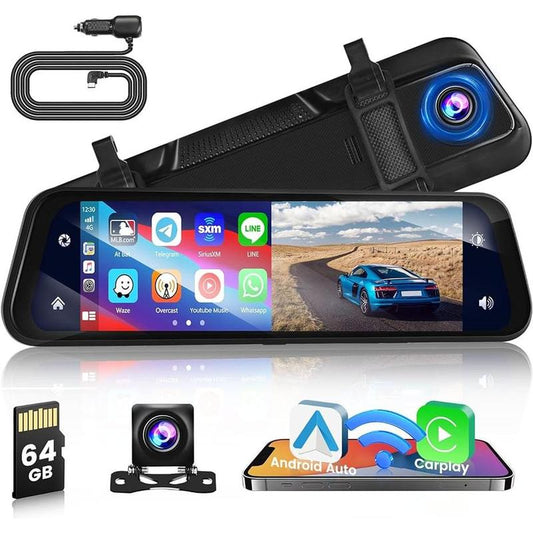 CAMECHO Wireless Carplay Mirror Dash Cam Wireless Android Auto, 9.66 Inch IPS Touchscreen Front Rear View Mirror Camera Carplay for Cars Trucks with 64G Card/Voice Control