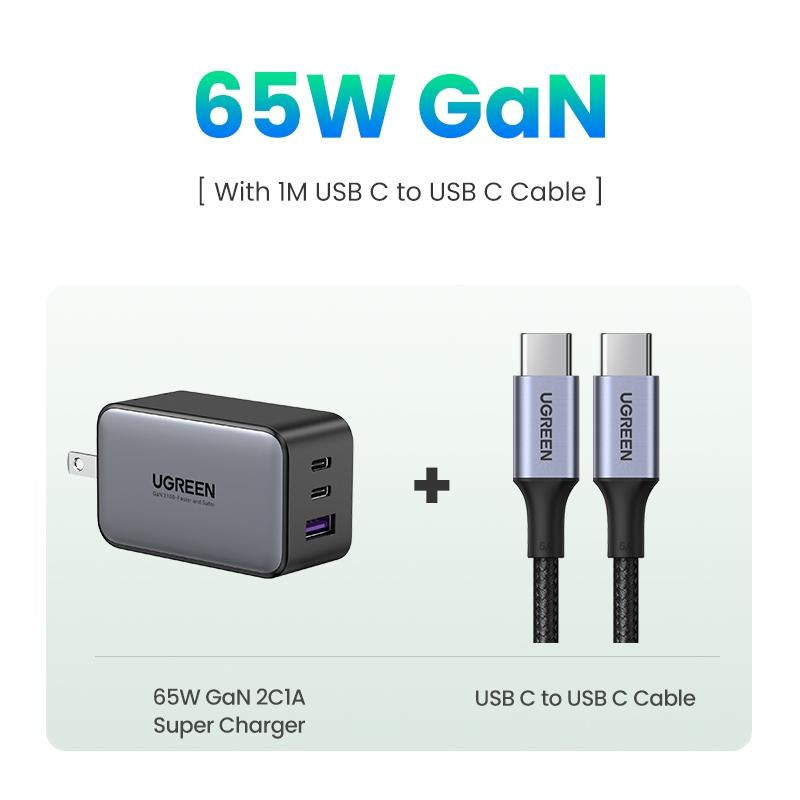 UGREEN 65W USB C Gan Charger Bundle with 3.3FT 100W USB C to USB C Cable Fast Charging, USB C to Lightning Cable Compatible with Iphone 16/15, Iphone 14, Macbook Air, Galaxy S24/S23 Foldable Plug Electronic Device--Black Friday