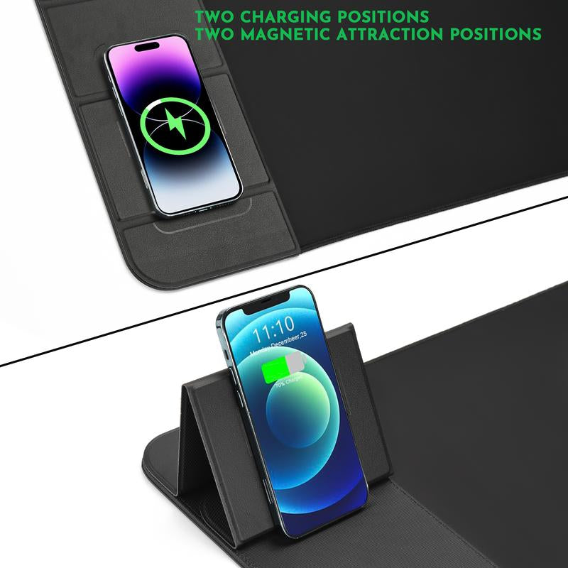 Wireless Charging Mouse Pad 15W Fast Charging with Foldable Phone Holder Gaming Mouse Pad Extra Large Mousepad Base Computer Keyboard Mat for Macbook, PC, Laptop
