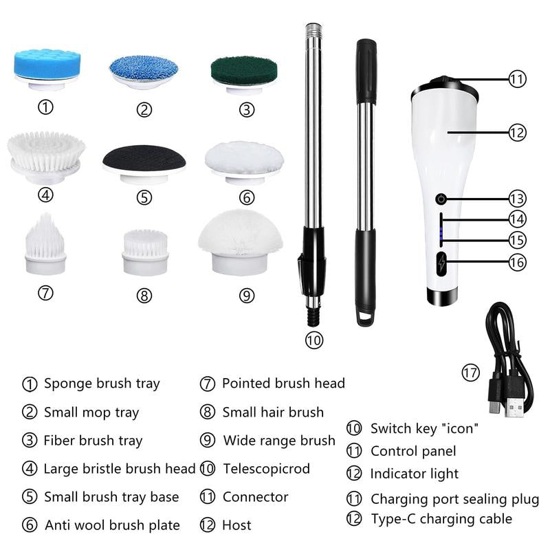 Multi-Functional Electric Spin Scrubber, 8 in 1 Cordless Cleaning Brush, 2 Adjustable Power Cleaning Brush with 8 Brush Heads and Adjustable Handle