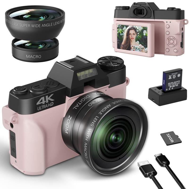 4K Digital Cameras for Photography, 56MP Affordable Vlogging Camera with Wifi, 3-Inch 180-Degree Flip Screen, 16X Digital Zoom Students Compact Camera with 52Mm Wide-Angle Lens & Macro Lens, 32G Micro SD Card, Perfect Gifts for Christmas