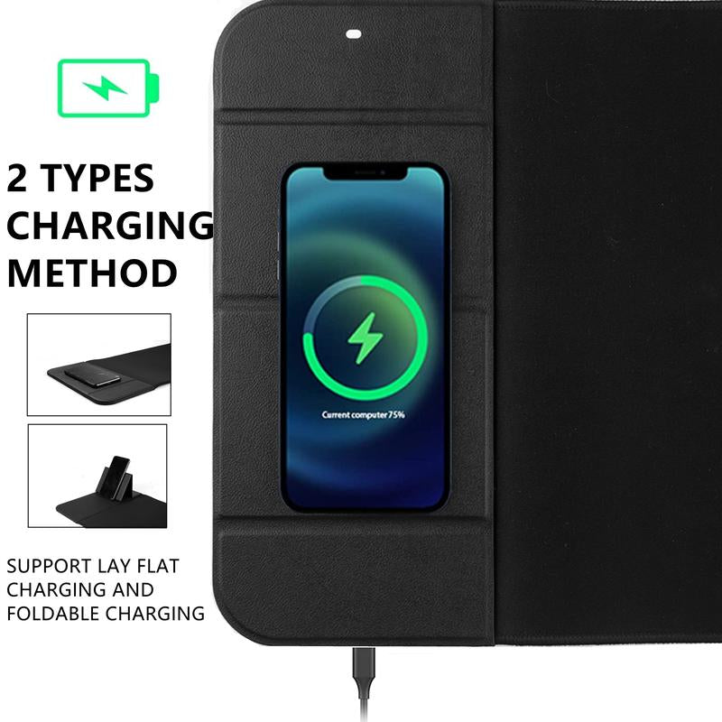 Wireless Charging Mouse Pad 15W Fast Charging with Foldable Phone Holder Gaming Mouse Pad Extra Large Mousepad Base Computer Keyboard Mat for Macbook, PC, Laptop
