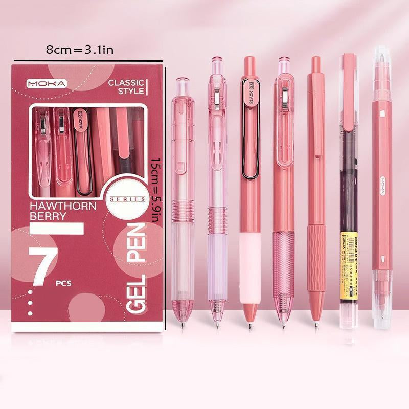 Gel Pen Set, 7 Counts/Set Including 6 Counts Quick Drying Black Ink Gel Pen & 1 Count Highlighter, Back to School Essentials, Office Stationery & Supplies