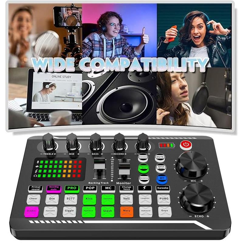Wireless Live Audio Card Device, BT Connection DJ Sound Control Equipment with Sound Converter/Mixer, Streaming Equipment, Network Live Broadcast Device for Music Singing Gaming
