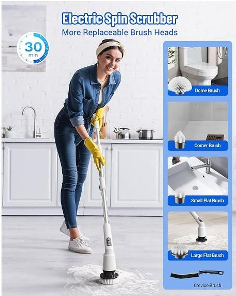 Electric Spin Scrubber, IPX7 Waterproof Cordless Cleaning Brush with 4 Replaceable Brush Heads, Adjustable Extension Handle and 3 Adjustable Speeds for Bathroom, Tub, Tile, Floor (White)