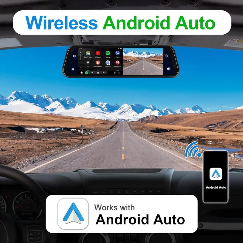 CAMECHO Wireless Carplay Mirror Dash Cam Wireless Android Auto, 9.66 Inch IPS Touchscreen Front Rear View Mirror Camera Carplay for Cars Trucks with 64G Card/Voice Control