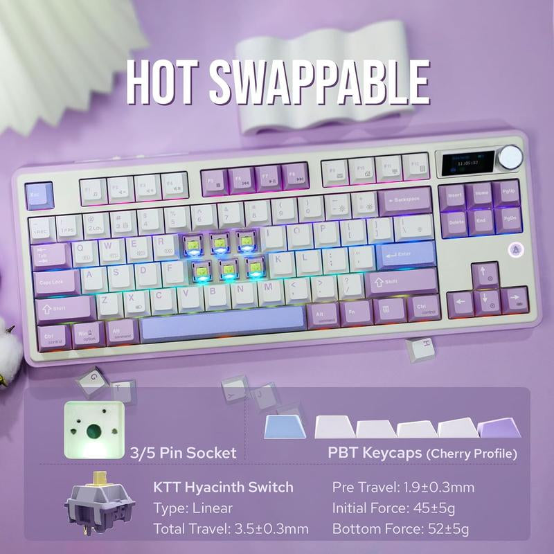 AJAZZ AK870 Wireless Mechanical Keyboard, Rechargeable 3 Modes Wireless Bluetooth-Compatible Gaming Keyboard, TFT Color Screen Gaming Keyboard