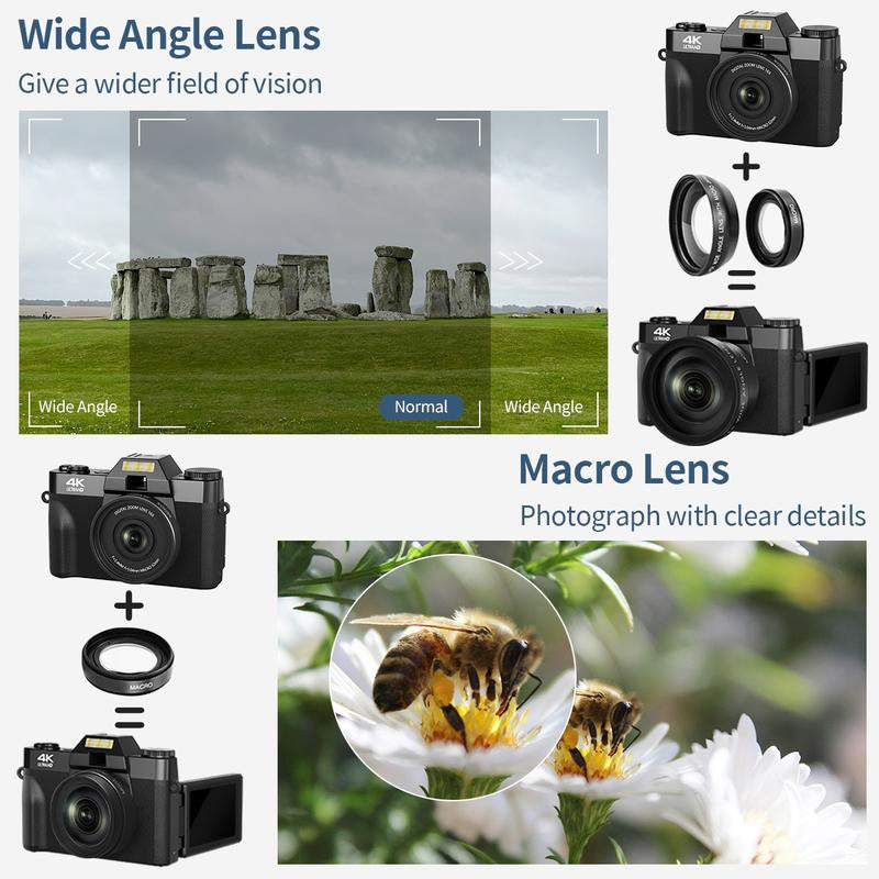 4K Digital Cameras for Photography, 56MP Affordable Vlogging Camera with Wifi, 3-Inch 180-Degree Flip Screen, 16X Digital Zoom Students Compact Camera with 52Mm Wide-Angle Lens & Macro Lens, 32G Micro SD Card, Perfect Gifts for Christmas