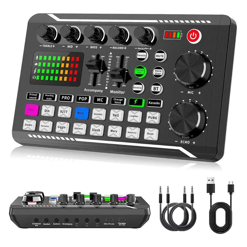 Wireless Live Audio Card Device, BT Connection DJ Sound Control Equipment with Sound Converter/Mixer, Streaming Equipment, Network Live Broadcast Device for Music Singing Gaming