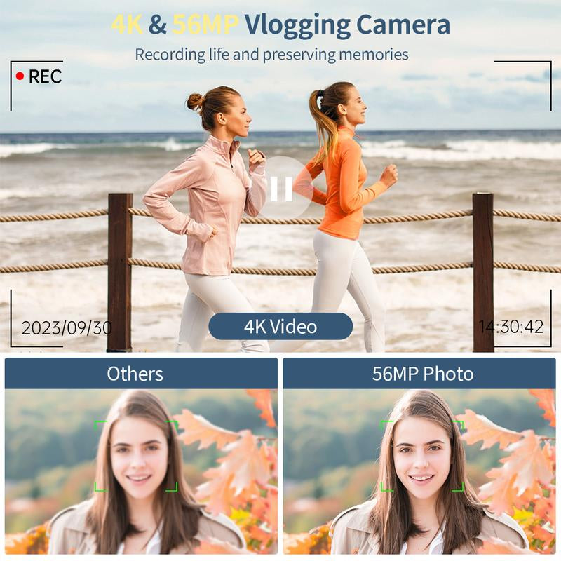 4K Digital Cameras for Photography, 56MP Affordable Vlogging Camera with Wifi, 3-Inch 180-Degree Flip Screen, 16X Digital Zoom Students Compact Camera with 52Mm Wide-Angle Lens & Macro Lens, 32G Micro SD Card, Perfect Gifts for Christmas