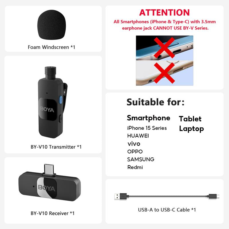 BOYA BY-V20 Wireless Lavalier Microphone with Noise Reduction for Android USB-C Smartphone Tablet Mini Lapel Mic for Iphone 15 Clip-On Mic for Video Recording Podcast Live Streaming Audio