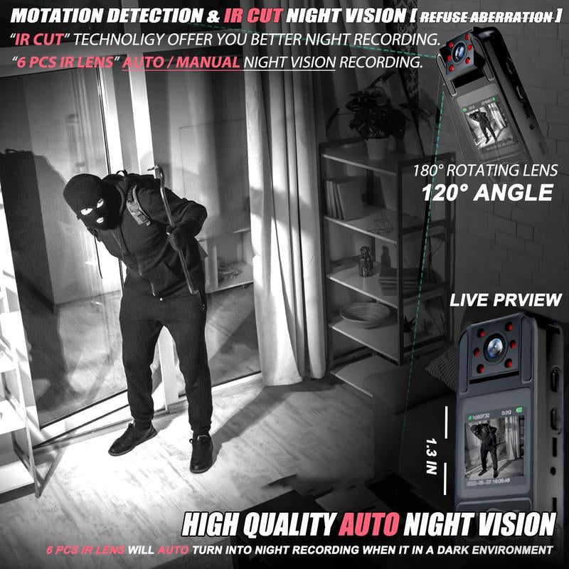 Portable Camera with High-Definition 1080P Lens That Can Rotate 180 °,Infrared Night Vision,Suitable for Police Law Enforcement Recording Rechargeable