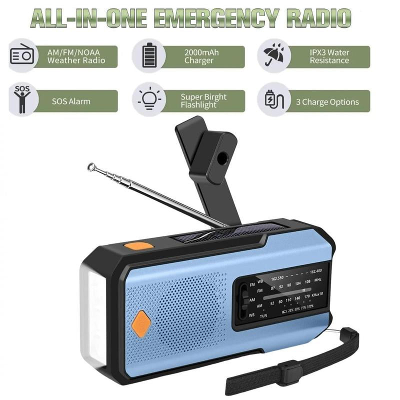Durable Emergency Hand Crank Radio with 3Leds Flashlight for Summer Gift, AM/FM Portable Weather Radio with 2000Mah Power Bank Phone Charging & SOS Alarm, Audio Radio for Outdoor Camping