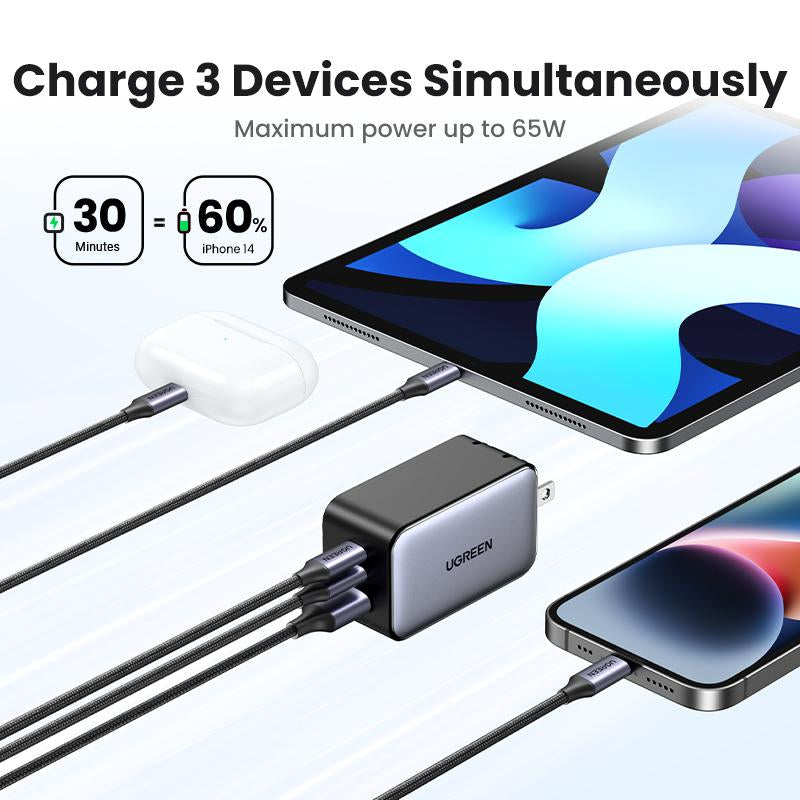 UGREEN 65W USB C Gan Charger Bundle with 3.3FT 100W USB C to USB C Cable Fast Charging, USB C to Lightning Cable Compatible with Iphone 16/15, Iphone 14, Macbook Air, Galaxy S24/S23 Foldable Plug Electronic Device--Black Friday