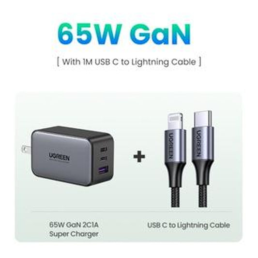 UGREEN 65W USB C Gan Charger Bundle with 3.3FT 100W USB C to USB C Cable Fast Charging, USB C to Lightning Cable Compatible with Iphone 16/15, Iphone 14, Macbook Air, Galaxy S24/S23 Foldable Plug Electronic Device--Black Friday