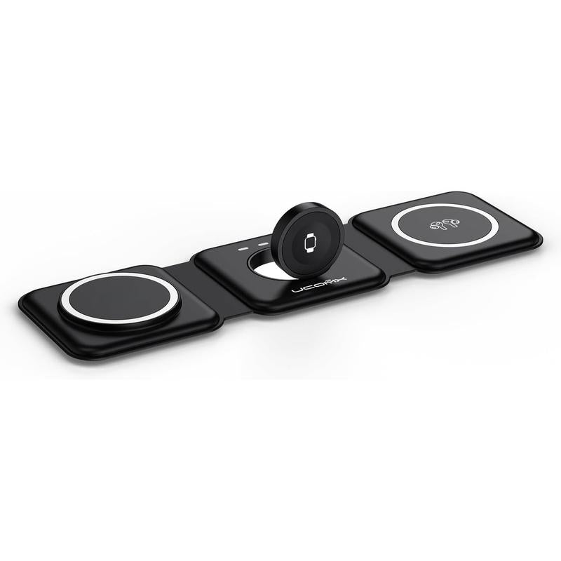 Awwpicks Magnetic Foldable 3 in 1 Wireless Charging Station, Top Speed Wireless Charger for Multple Device with Adapter, Not Suitable for Android, Compatible for Iphone 16/15/14/13/12, Airpods, Iwatch, Halloween, Easter, Christmas Gifts (Black)