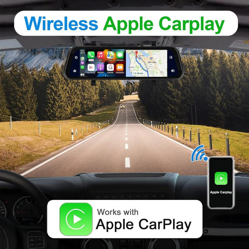 CAMECHO Wireless Carplay Mirror Dash Cam Wireless Android Auto, 9.66 Inch IPS Touchscreen Front Rear View Mirror Camera Carplay for Cars Trucks with 64G Card/Voice Control
