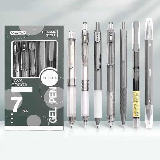 Gel Pen Set, 7 Counts/Set Including 6 Counts Quick Drying Black Ink Gel Pen & 1 Count Highlighter, Back to School Essentials, Office Stationery & Supplies