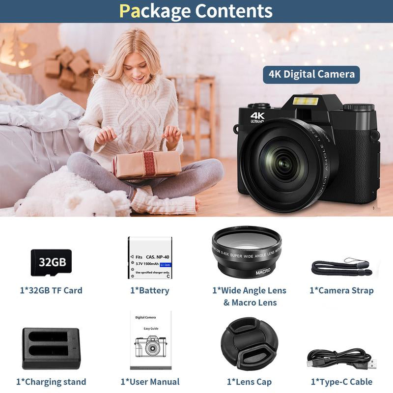 4K Digital Cameras for Photography, 56MP Affordable Vlogging Camera with Wifi, 3-Inch 180-Degree Flip Screen, 16X Digital Zoom Students Compact Camera with 52Mm Wide-Angle Lens & Macro Lens, 32G Micro SD Card, Perfect Gifts for Christmas