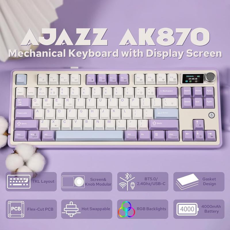 AJAZZ AK870 Wireless Mechanical Keyboard, Rechargeable 3 Modes Wireless Bluetooth-Compatible Gaming Keyboard, TFT Color Screen Gaming Keyboard