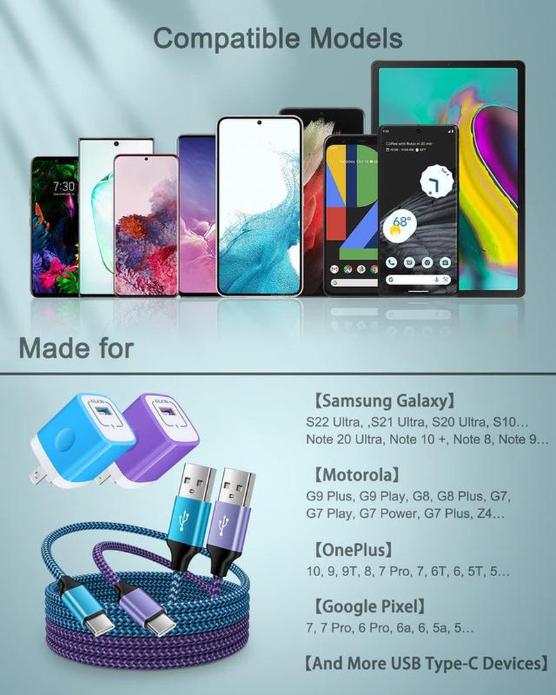 Android Charger, USB C Fast Charging for Google Pixel 9 8 7 Pro 7 6 6A 6Pro 5 5A 4 XL, Samsung Galaxy S24 S23 S22 Ultra S21+ Iphone 16 15 Pro Max, Kindle USBC Power Adapter Block +USBC Cable 3 Ft Port Durable Handy Smartphone Plastic Cord Devices