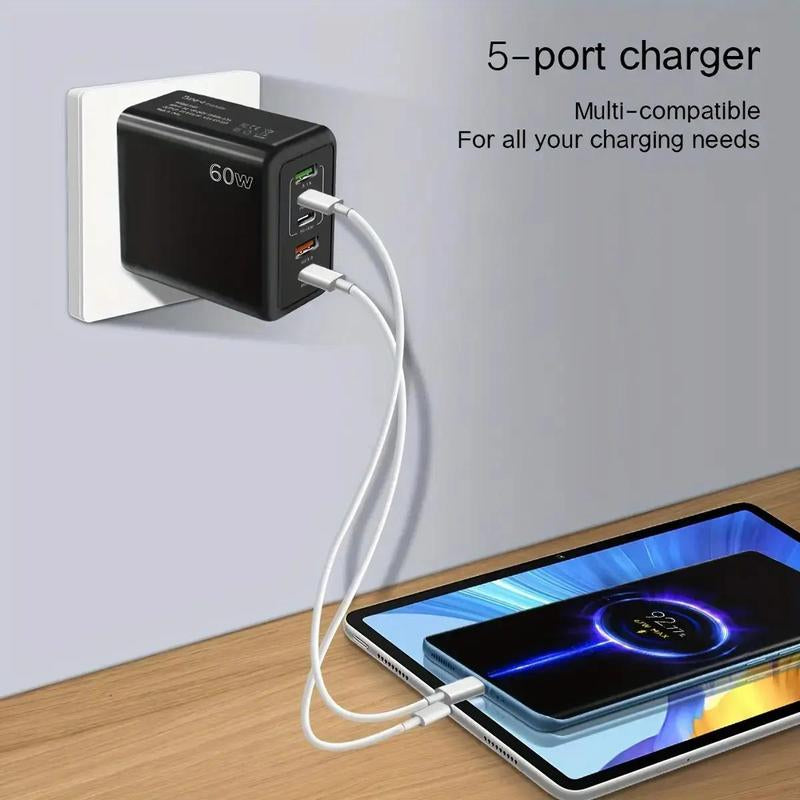 60W 3PD+2USB Ports Adapter, Multifunctional Fast Charging Adapter, Portable Charger Head, 5 Ports Fast Charger for All Phones