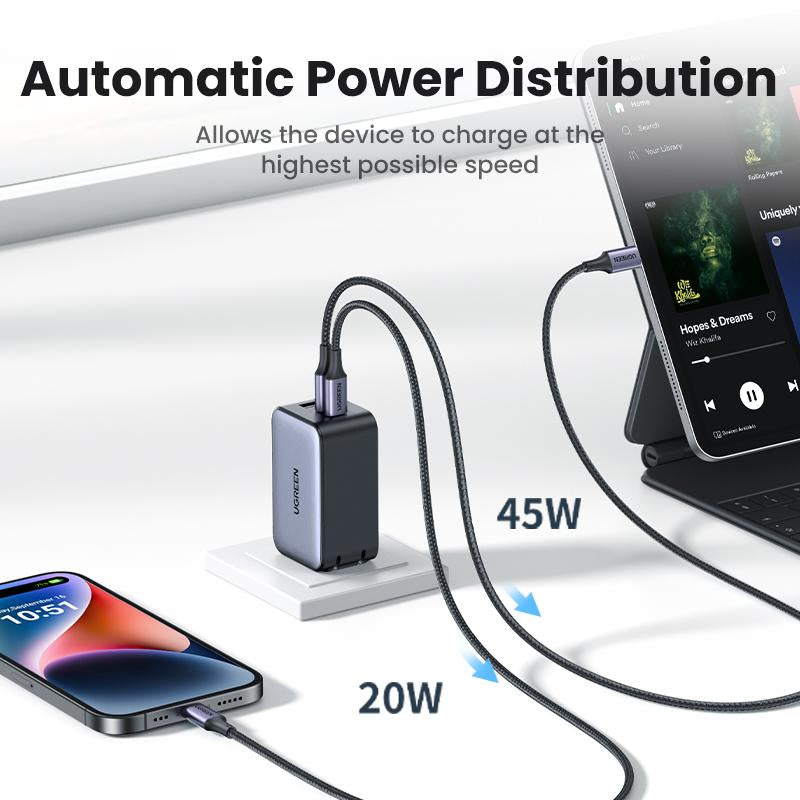 UGREEN 65W USB C Gan Charger Bundle with 3.3FT 100W USB C to USB C Cable Fast Charging, USB C to Lightning Cable Compatible with Iphone 16/15, Iphone 14, Macbook Air, Galaxy S24/S23 Foldable Plug Electronic Device--Black Friday