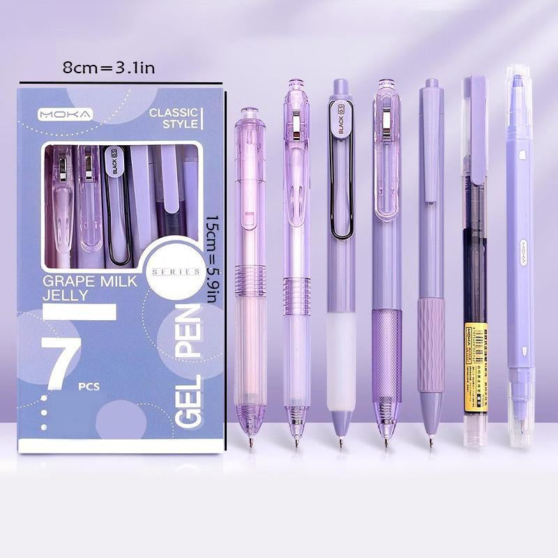 Gel Pen Set, 7 Counts/Set Including 6 Counts Quick Drying Black Ink Gel Pen & 1 Count Highlighter, Back to School Essentials, Office Stationery & Supplies