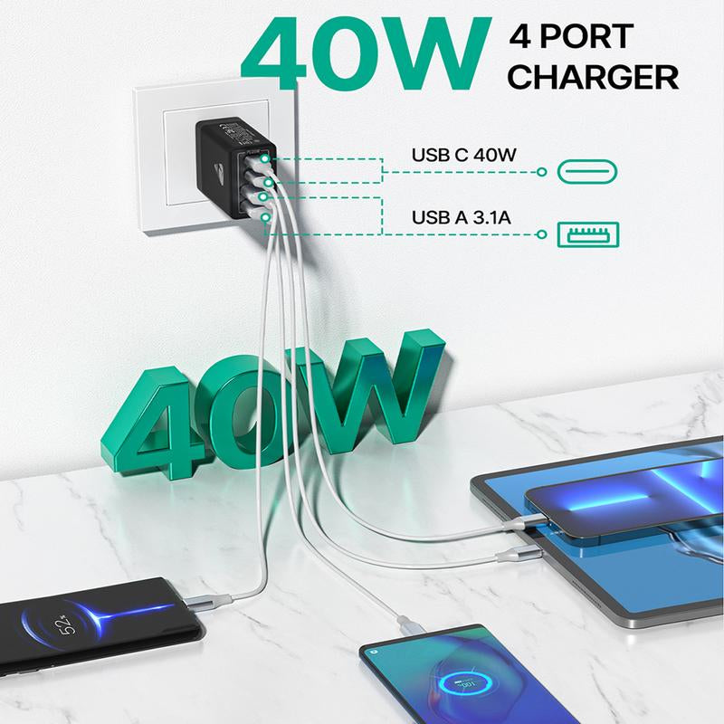 Aioneus 4 in 1 Fast Charger Cable & 4-Port 40W Fast Charger Block, Travel Charger Set, Boyfriend Gift, Christmas Gift
