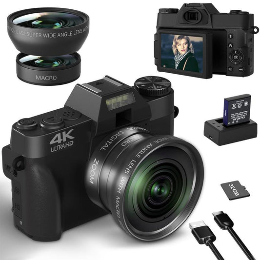 4K Digital Cameras for Photography, 56MP Affordable Vlogging Camera with Wifi, 3-Inch 180-Degree Flip Screen, 16X Digital Zoom Students Compact Camera with 52Mm Wide-Angle Lens & Macro Lens, 32G Micro SD Card, Perfect Gifts for Christmas