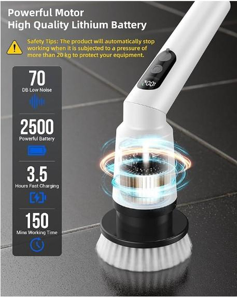 Electric Spin Scrubber, IPX7 Waterproof Cordless Cleaning Brush with 4 Replaceable Brush Heads, Adjustable Extension Handle and 3 Adjustable Speeds for Bathroom, Tub, Tile, Floor (White)