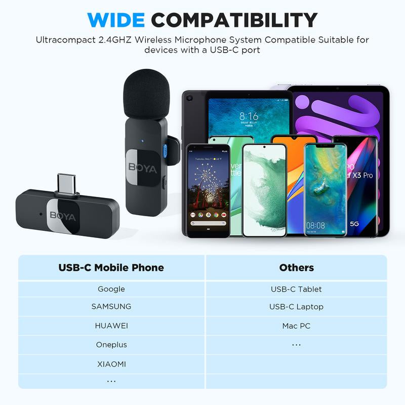 BOYA BY-V20 Wireless Lavalier Microphone with Noise Reduction for Android USB-C Smartphone Tablet Mini Lapel Mic for Iphone 15 Clip-On Mic for Video Recording Podcast Live Streaming Audio
