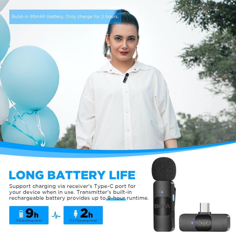 BOYA BY-V20 Wireless Lavalier Microphone with Noise Reduction for Android USB-C Smartphone Tablet Mini Lapel Mic for Iphone 15 Clip-On Mic for Video Recording Podcast Live Streaming Audio