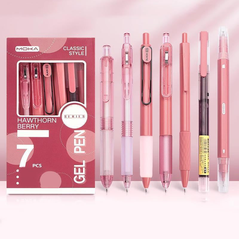 Gel Pen Set, 7 Counts/Set Including 6 Counts Quick Drying Black Ink Gel Pen & 1 Count Highlighter, Back to School Essentials, Office Stationery & Supplies