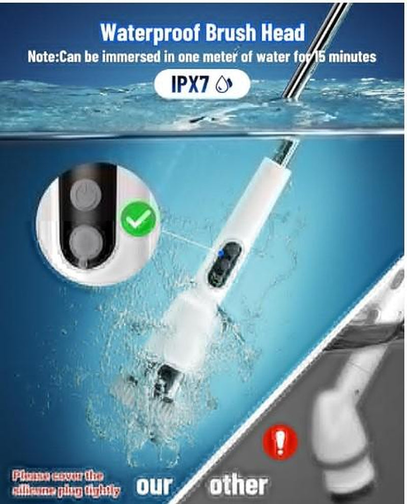 Electric Spin Scrubber, IPX7 Waterproof Cordless Cleaning Brush with 4 Replaceable Brush Heads, Adjustable Extension Handle and 3 Adjustable Speeds for Bathroom, Tub, Tile, Floor (White)