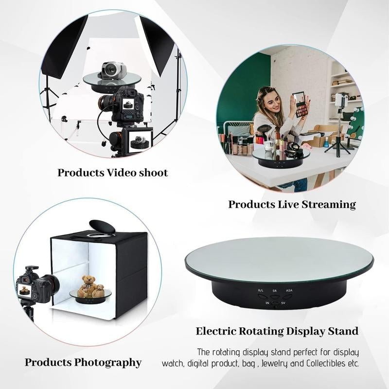 360 Degree Rotating Display Stand,360 Degree Photography Turntable with Remote Control,5 PVC Backgrounds,Battery/Usb Power Supply for Photography Product Shows 360 Photo Booth Adjustable 360-Degree Rechargeable Camera Plug Smartphone