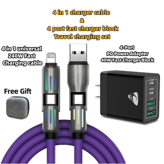 Aioneus 4 in 1 Fast Charger Cable & 4-Port 40W Fast Charger Block, Travel Charger Set, Boyfriend Gift, Christmas Gift