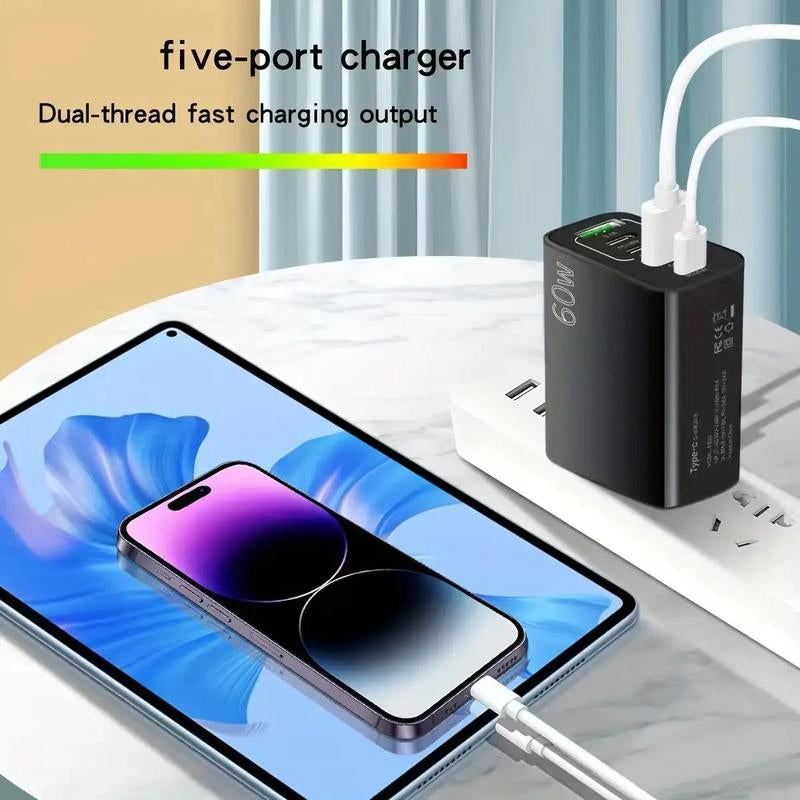 60W 3PD+2USB Ports Adapter, Multifunctional Fast Charging Adapter, Portable Charger Head, 5 Ports Fast Charger for All Phones