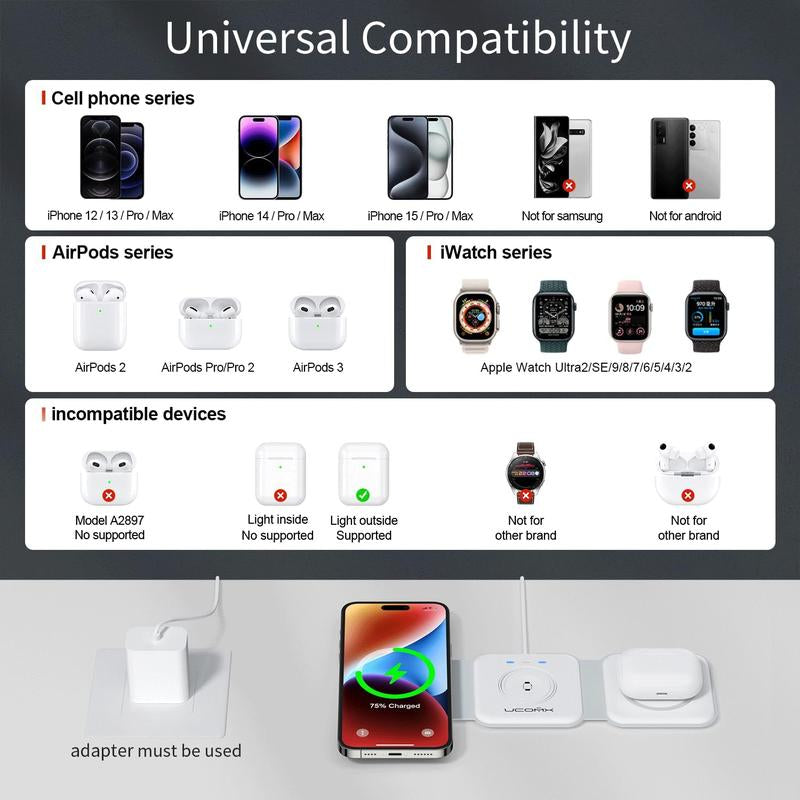 Awwpicks Magnetic Foldable 3 in 1 Wireless Charging Station, Top Speed Wireless Charger for Multple Device with Adapter, Not Suitable for Android, Compatible for Iphone 16/15/14/13/12, Airpods, Iwatch, Halloween, Easter, Christmas Gifts (Black)