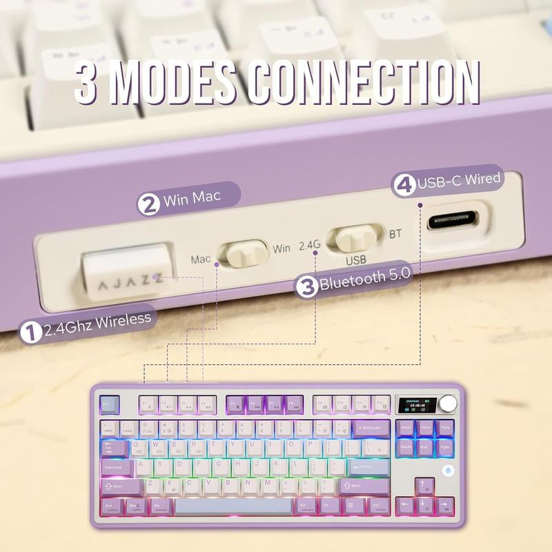 AJAZZ AK870 Wireless Mechanical Keyboard, Rechargeable 3 Modes Wireless Bluetooth-Compatible Gaming Keyboard, TFT Color Screen Gaming Keyboard