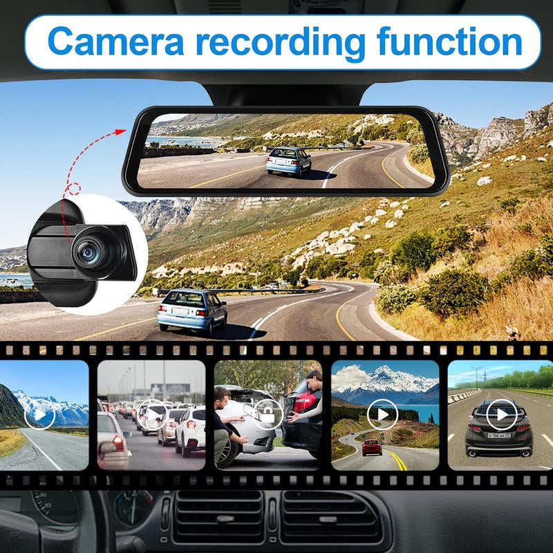 CAMECHO Wireless Carplay Mirror Dash Cam Wireless Android Auto, 9.66 Inch IPS Touchscreen Front Rear View Mirror Camera Carplay for Cars Trucks with 64G Card/Voice Control