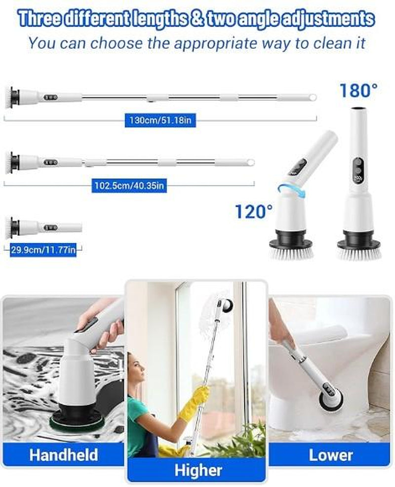 Electric Spin Scrubber, IPX7 Waterproof Cordless Cleaning Brush with 4 Replaceable Brush Heads, Adjustable Extension Handle and 3 Adjustable Speeds for Bathroom, Tub, Tile, Floor (White)