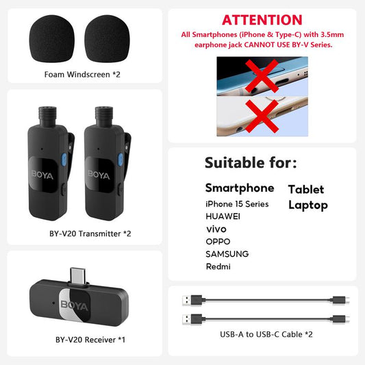 BOYA BY-V20 Wireless Lavalier Microphone with Noise Reduction for Android USB-C Smartphone Tablet Mini Lapel Mic for Iphone 15 Clip-On Mic for Video Recording Podcast Live Streaming Audio