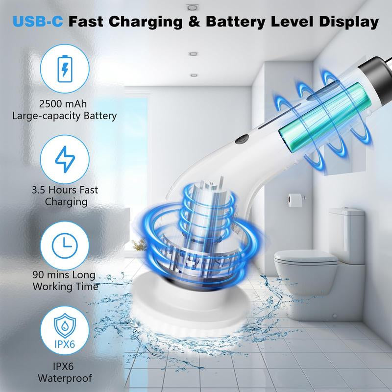 Multi-Functional Electric Spin Scrubber, 8 in 1 Cordless Cleaning Brush, 2 Adjustable Power Cleaning Brush with 8 Brush Heads and Adjustable Handle