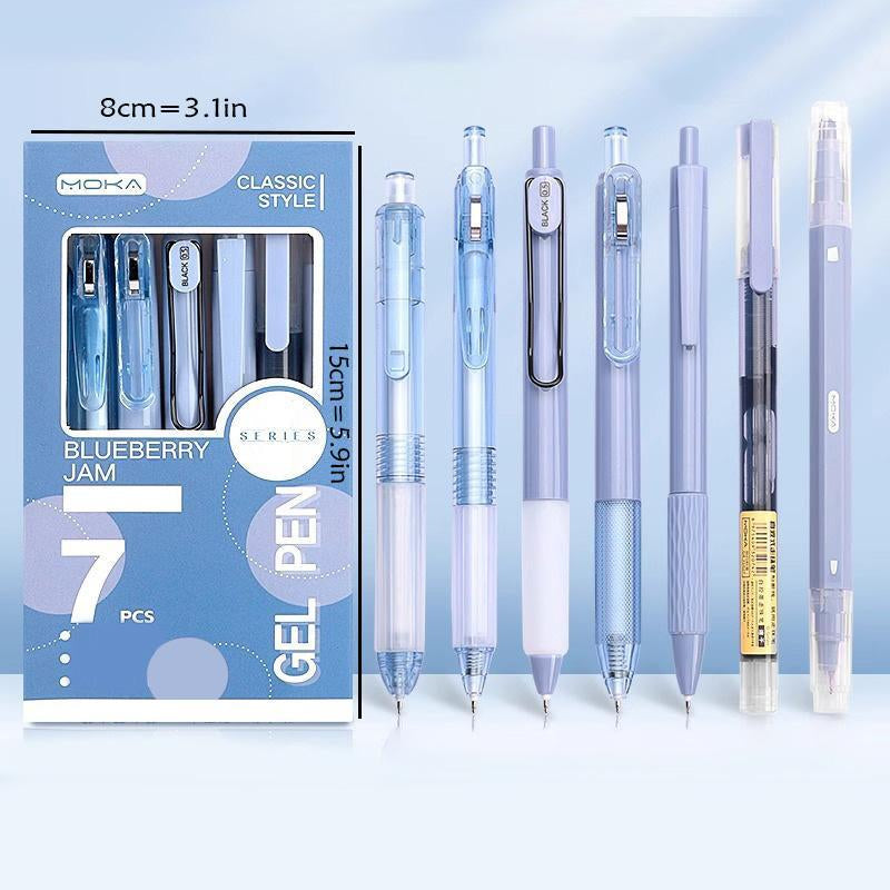 Gel Pen Set, 7 Counts/Set Including 6 Counts Quick Drying Black Ink Gel Pen & 1 Count Highlighter, Back to School Essentials, Office Stationery & Supplies
