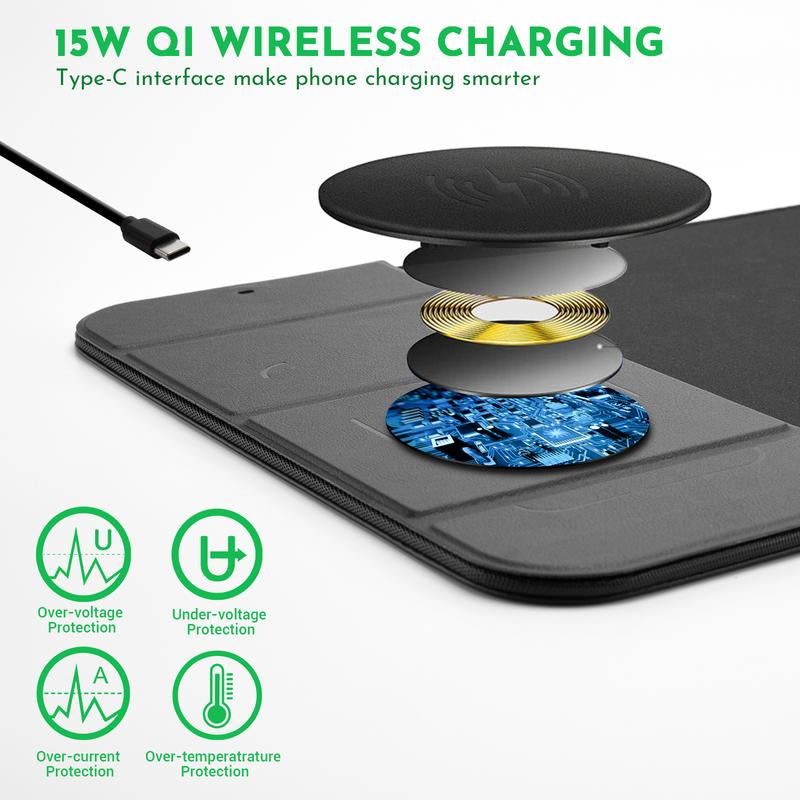 Wireless Charging Mouse Pad 15W Fast Charging with Foldable Phone Holder Gaming Mouse Pad Extra Large Mousepad Base Computer Keyboard Mat for Macbook, PC, Laptop
